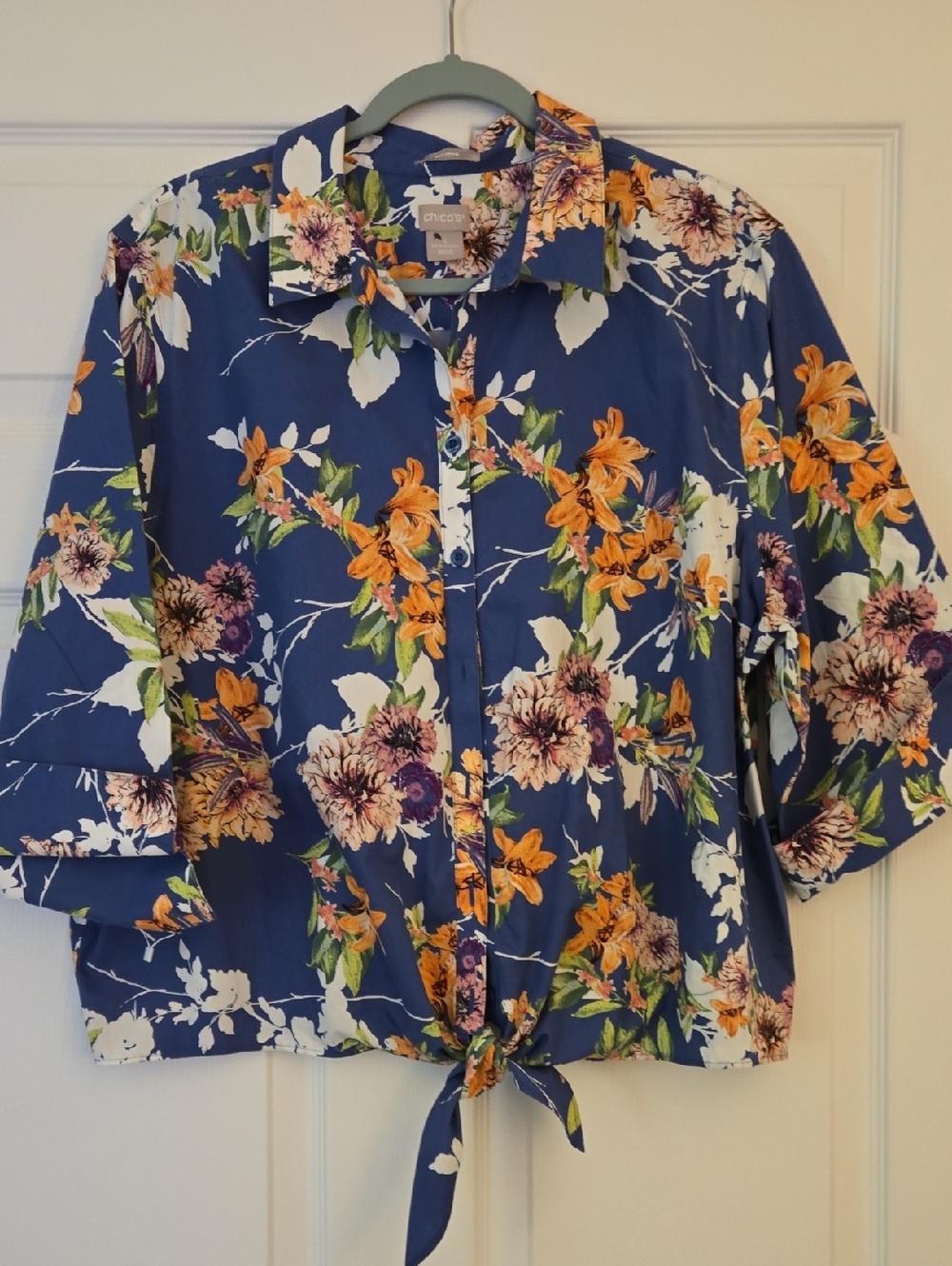 Chico's Blue Floral Tie-Front Button Down Shirt